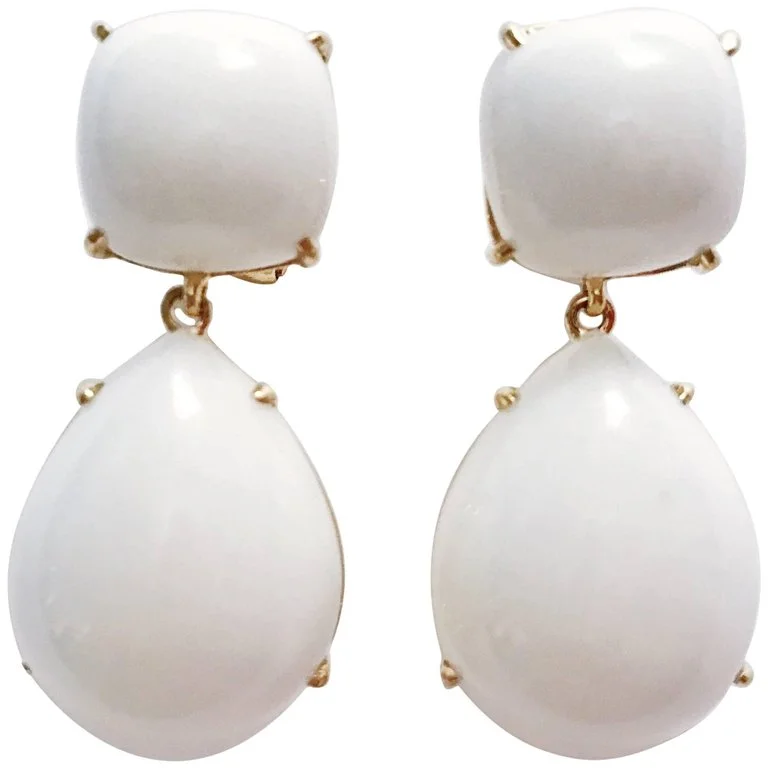 Fox wing earrings-Yellow Gold Pear Drop Earring with White Jade