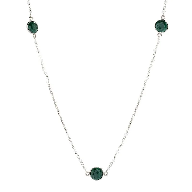 Stellar star necklaces-Sterling Silver 36" 10mm Malachite & Rainbow Moonstone Station Necklace