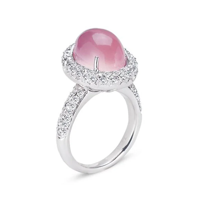 Beaded edge engagement rings-18K White Gold Ring With Diamonds And Rose Quartz