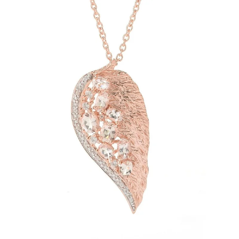 Chunky gem necklaces-Platinum over Stering Silver Morganite and White Zircon Angel Wing Necklace