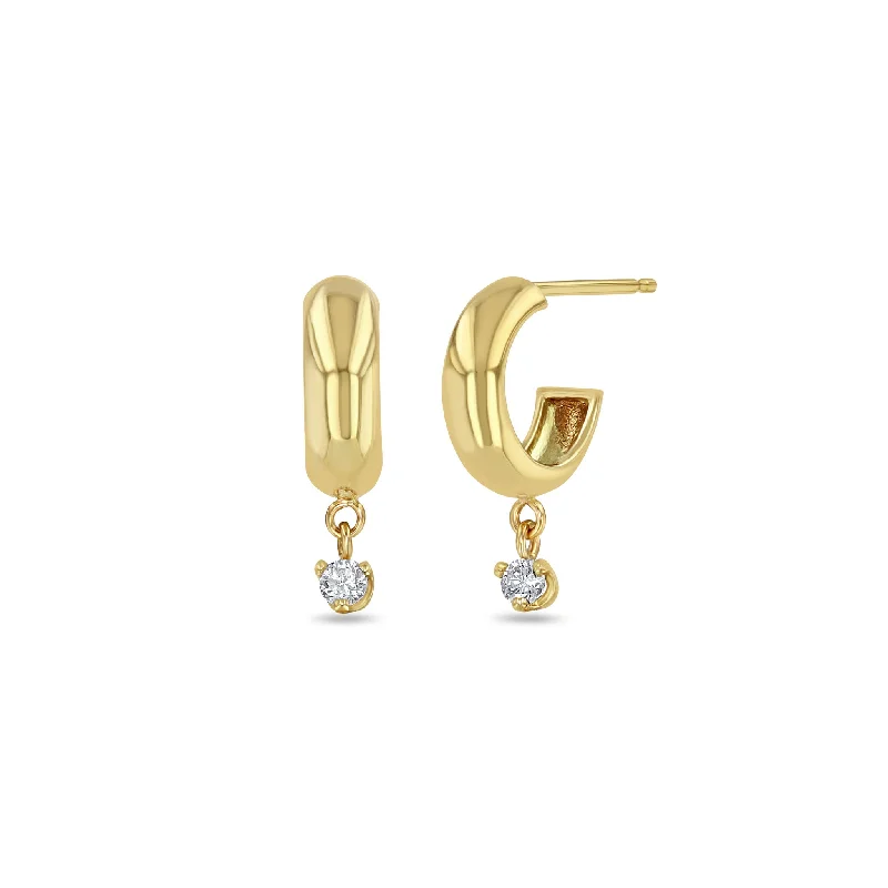 Fine triangle earrings-14k Half Round Huggie Hoops with Dangling Prong Diamond