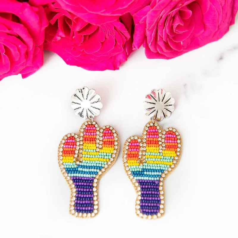 Fox wing earrings-Rainbow Beaded Cactus Earrings