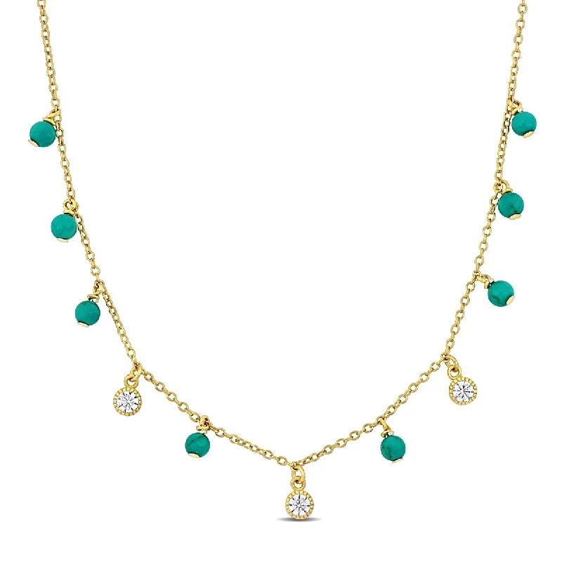 Multi-link necklaces-Miadora Created White Sapphire Turquoise Necklace in Yellow Plated Sterling Silver