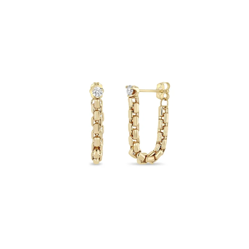 Thin pearl earrings-14k Prong Diamond Large Box Chain Huggie Earrings