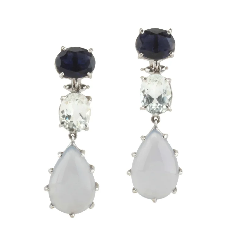 Rough texture earrings-18kt White Gold Three Stone Drop Earring with Iolite, Rock Crystal, and Chalcedony