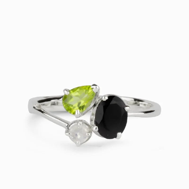 Onyx, Rainbow Moonstone, & Peridot Ring