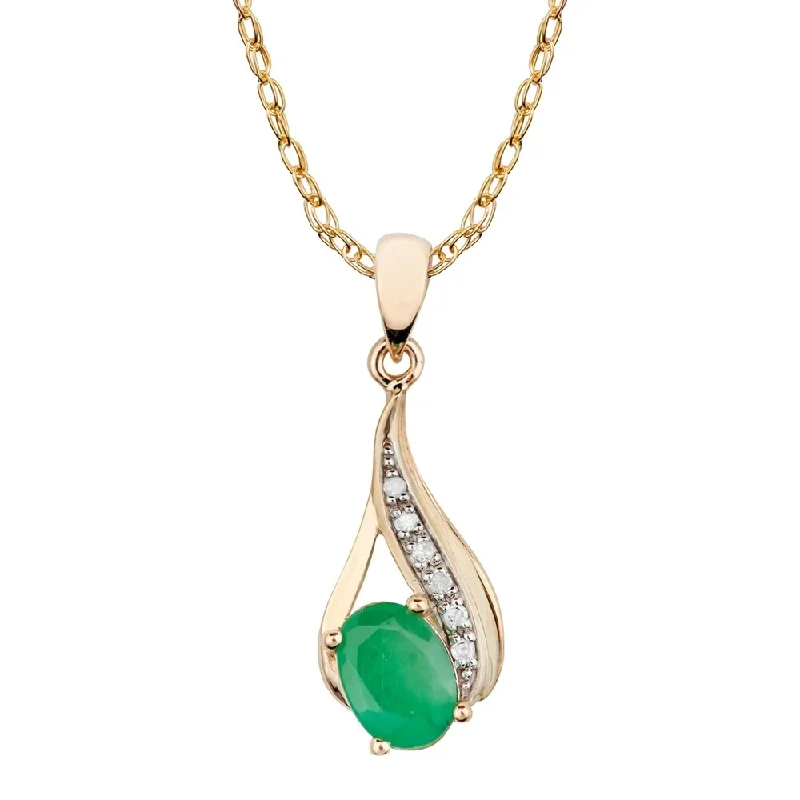 Smooth pendant necklaces-Viducci 10k Yellow Gold Genuine Oval Emerald and Diamond Drop Pendant Necklace