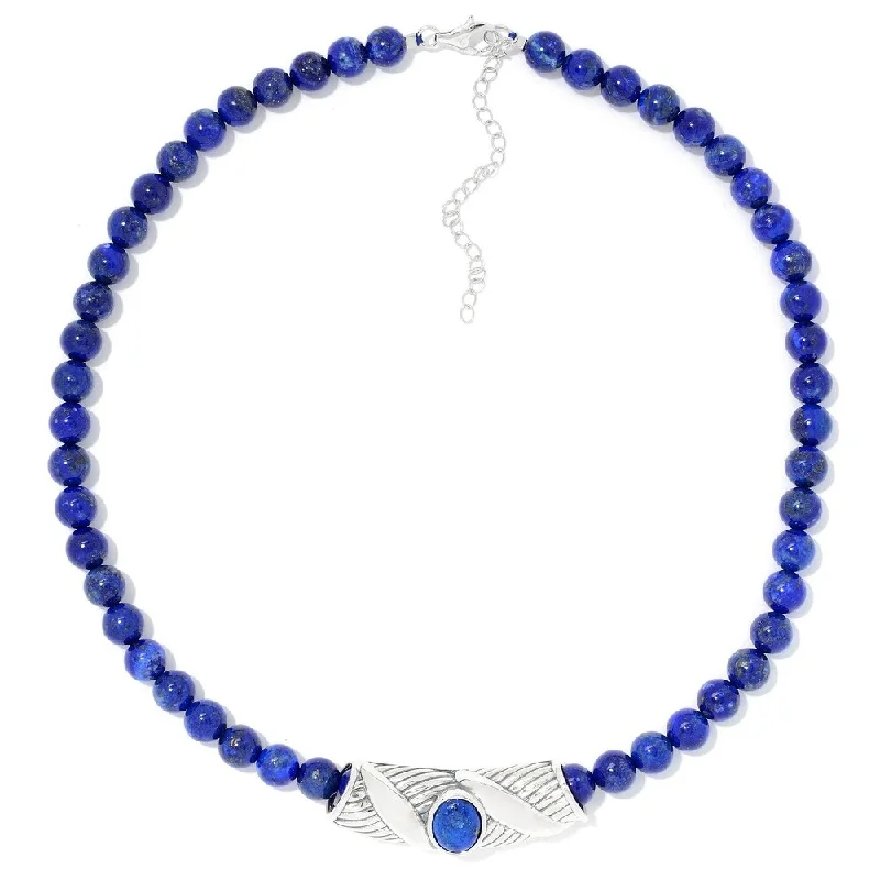 Slanted design necklaces-Sterling Silver Oval Lapis Slide Pendant & 18" Bead Necklace