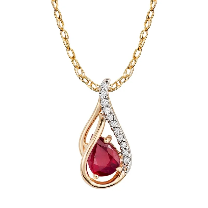 Vine braid necklaces-Viducci 10k Yellow Gold Genuine Pear-shape Ruby and Diamond Halo Drop Pendant Necklace