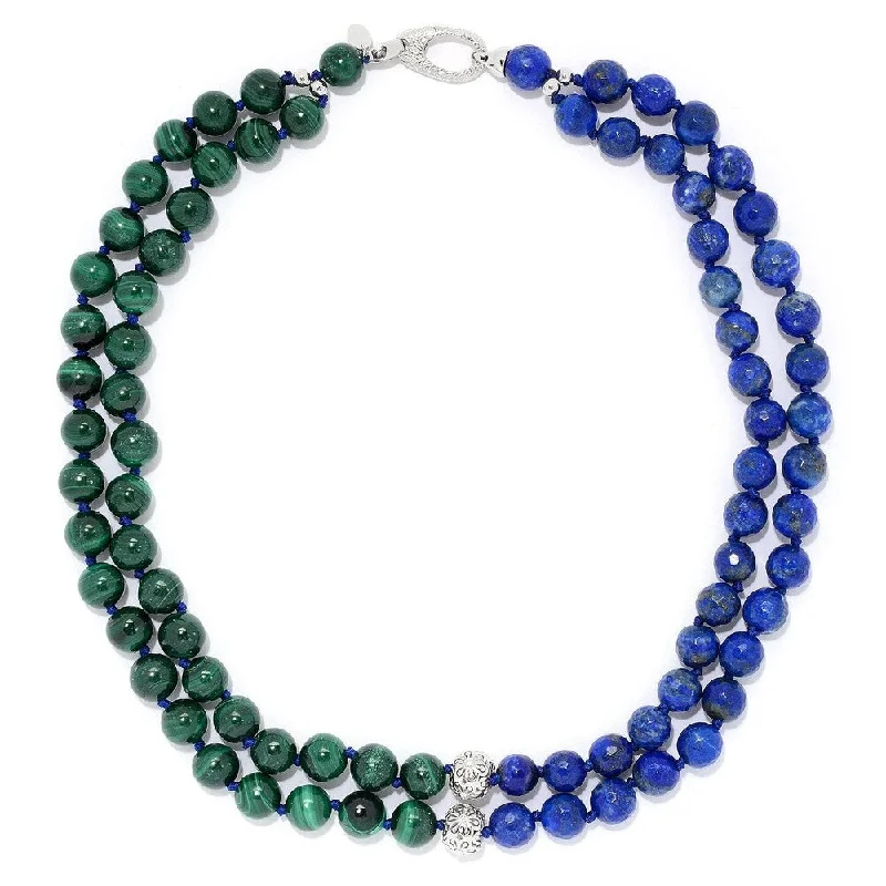 Crystal-twisted necklaces-Sterling Silver 18" Malachite and Lapis Lazuli Two-Strand Beaded Necklace