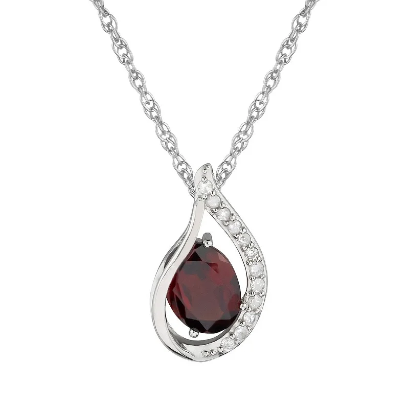 Raised bar necklaces-Viducci 10k White Gold Genuine Oval Garnet and Diamond Halo Drop Pendant Necklace