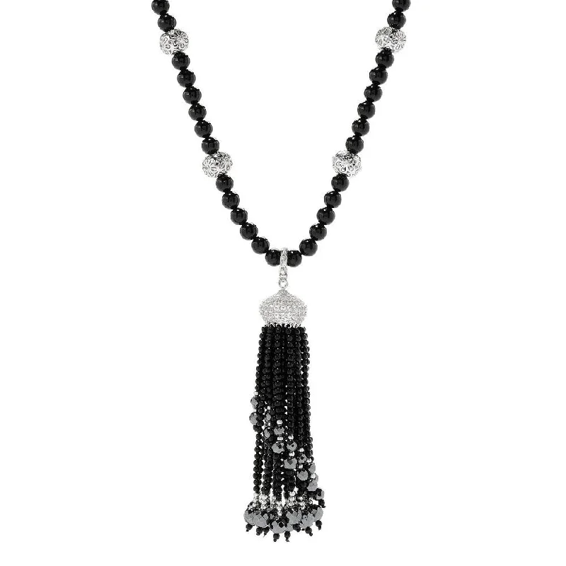 Faith charm necklaces-Sterling Silver 30" Onyx, Hematite & White Topaz Bead Tassel Necklace