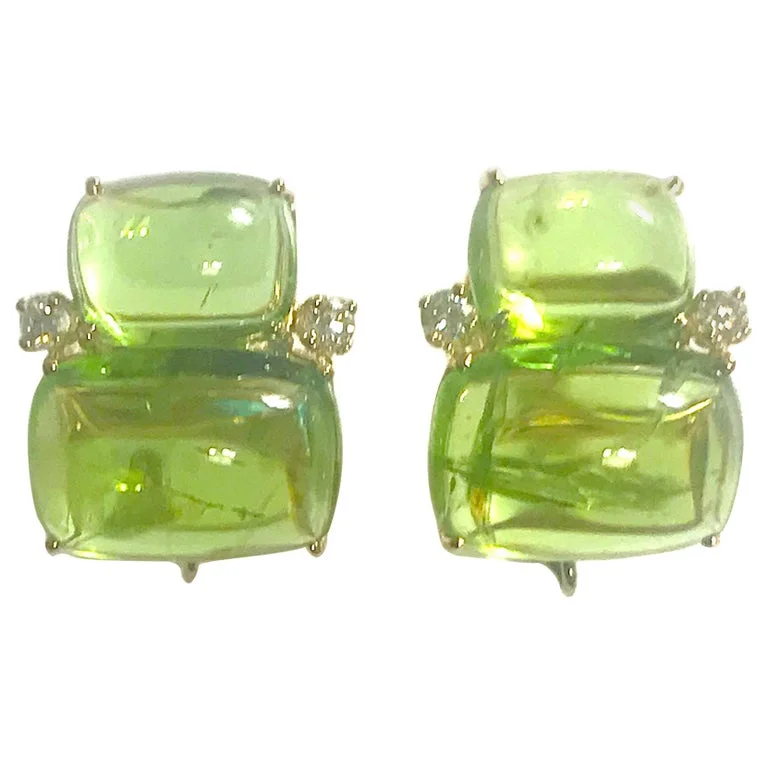 Spinel earrings-18Kt Yellow Gold Cushion Cut Cabochon Peridot Earrings with Diamonds