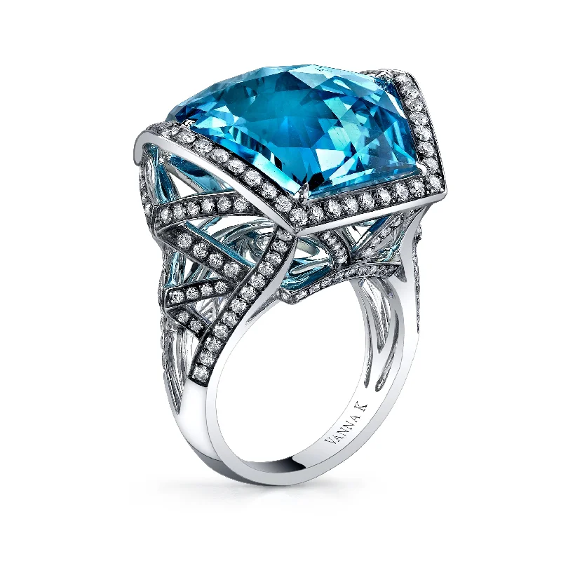 Cord edge engagement rings-18K White Gold Geometric Diamond And Blue Topaz Fashion Ring