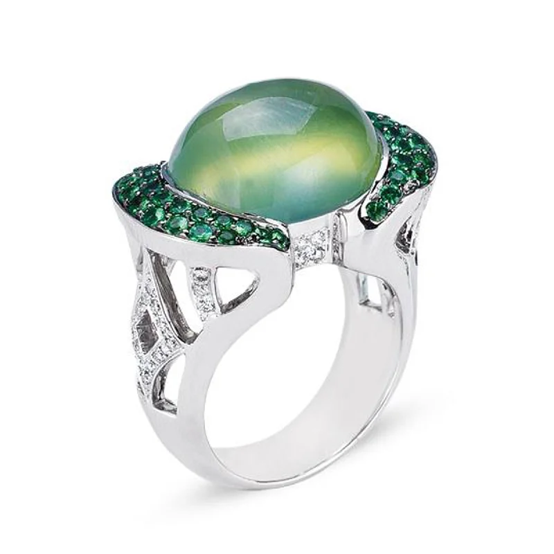 Mystic eye engagement rings-18K White Gold Ring With Diamonds And Tsavorite