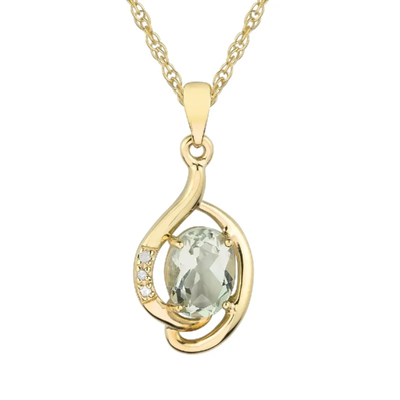 Lily flower necklaces-Viducci 10k Yellow Gold Genuine Oval Green Amethyst and Diamond Pendant Necklace