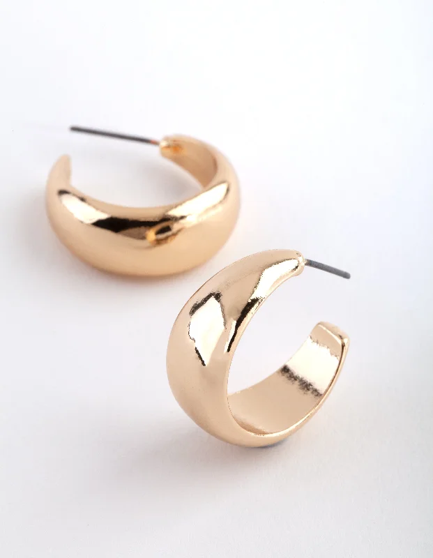 Light wood earrings-Gold Small Rounded Hoop Earrings