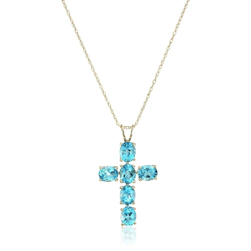 Vine braid necklaces-10k Yellow Gold Swiss Blue Topaz Oval Cross Pendant Necklace, 18"