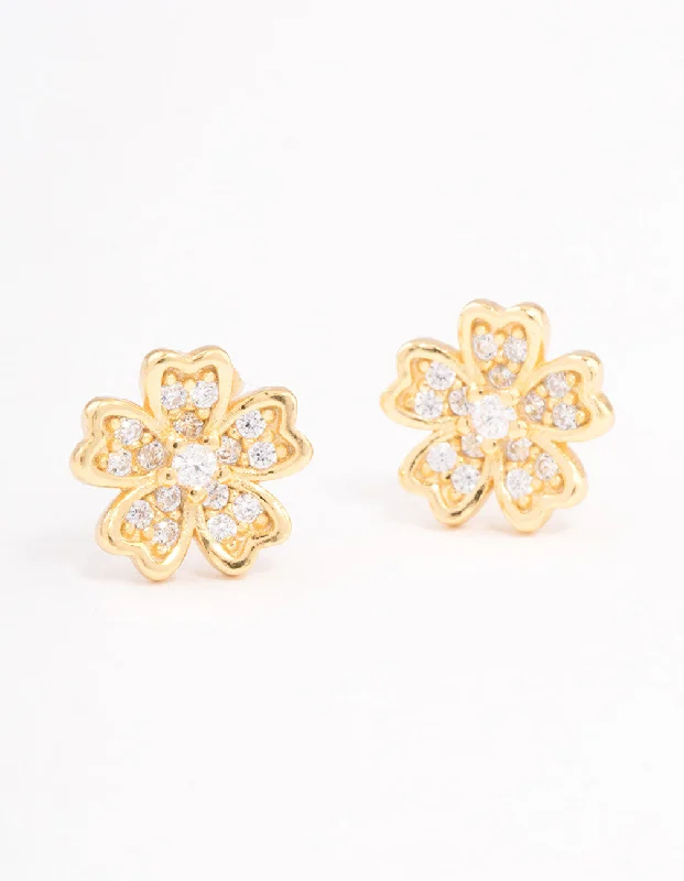 Subtle dangle earrings-Gold Plated Sterling Silver Cubic Zirconia Flower Stud Earrings