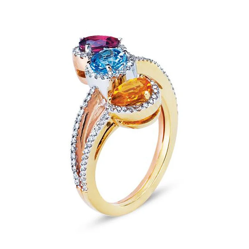 Light clay engagement rings-18K Tri Color Birthstone Ring With Diamonds And Colored Stones