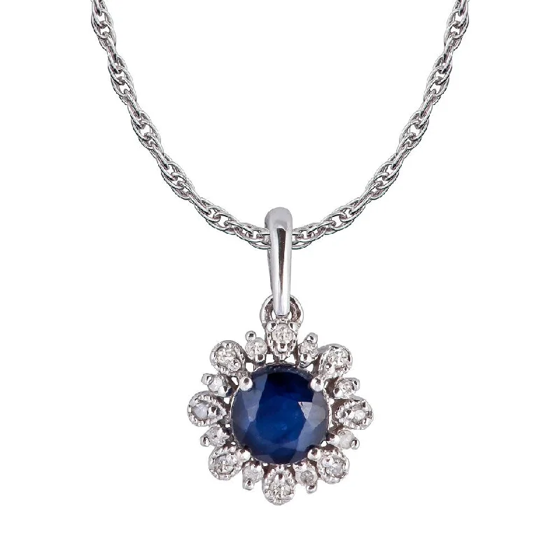 Mystic eye necklaces-Viducci 10k White Gold Genuine Round Sapphire and Diamond Vintage Style Halo Pendant Necklace