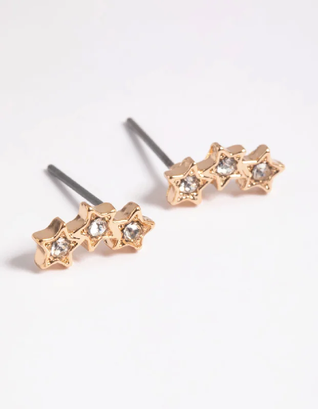 Woven cord earrings-Gold Diamante Star Crawler Stud Earrings