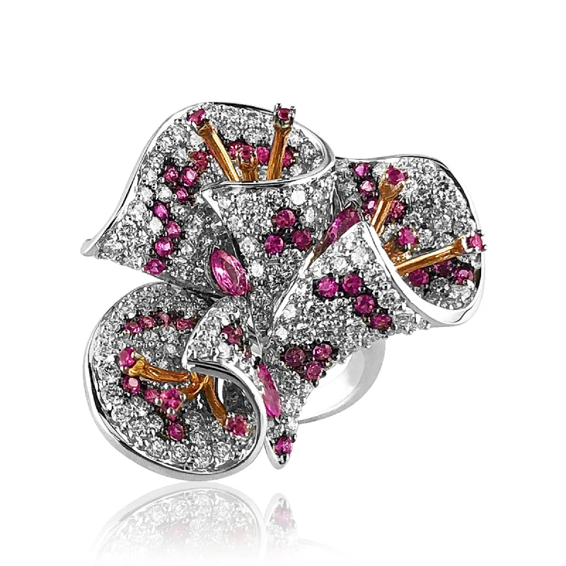 Marquise cut engagement rings-18K White gold ring with diamonds and pink sapphires