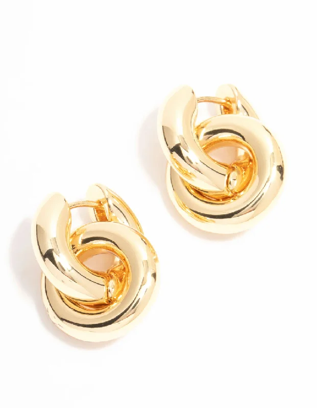 Pink gold earrings-Gold Plated Double Ring Huggie Drop Earrings