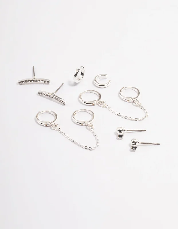 Surf motif earrings-Silver Diamante Huggie Chain Earrings 5-Pack