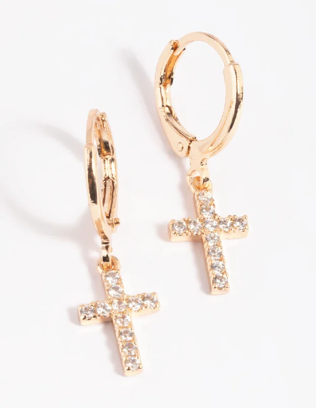 Baroque pearl earrings-Gold Cubic Zirconia Cross Huggie Hoop Earrings