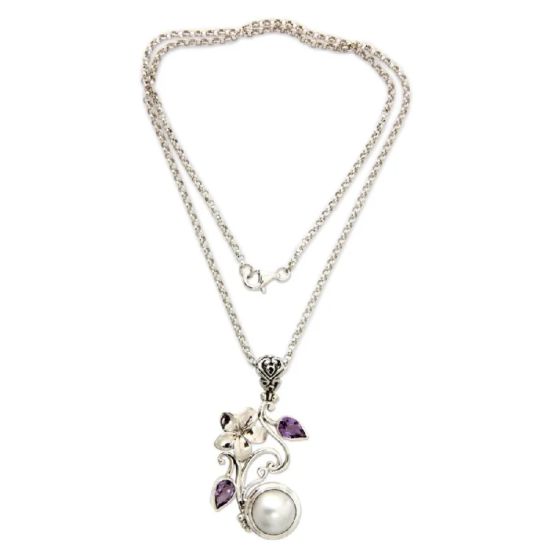 Cedar wood necklaces-Handmade Silver 'Bali Garden' Pearl Amethyst Necklace (13.5mm) (Indonesia)