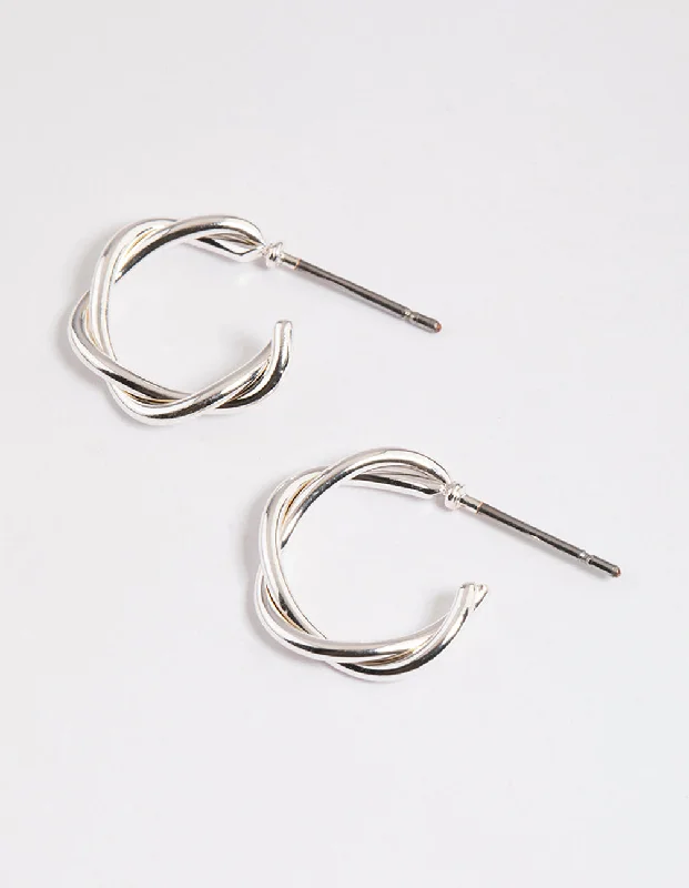 Wave drop earrings-Silver Soft Twisted Huggie Earrings