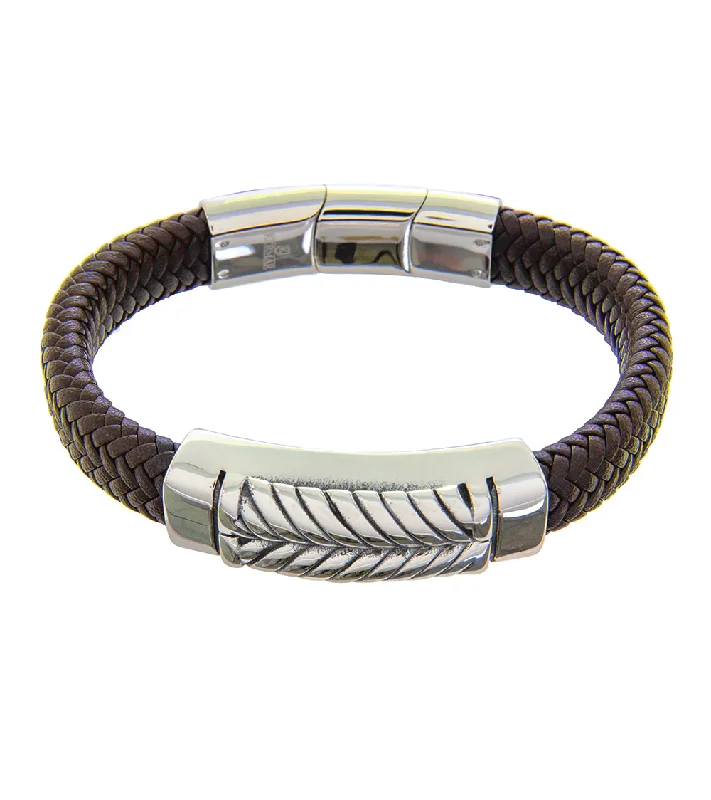 Open frame bangles-Mens Bracelet 21-23 cm Steel Bangle with Brown Leather and extender