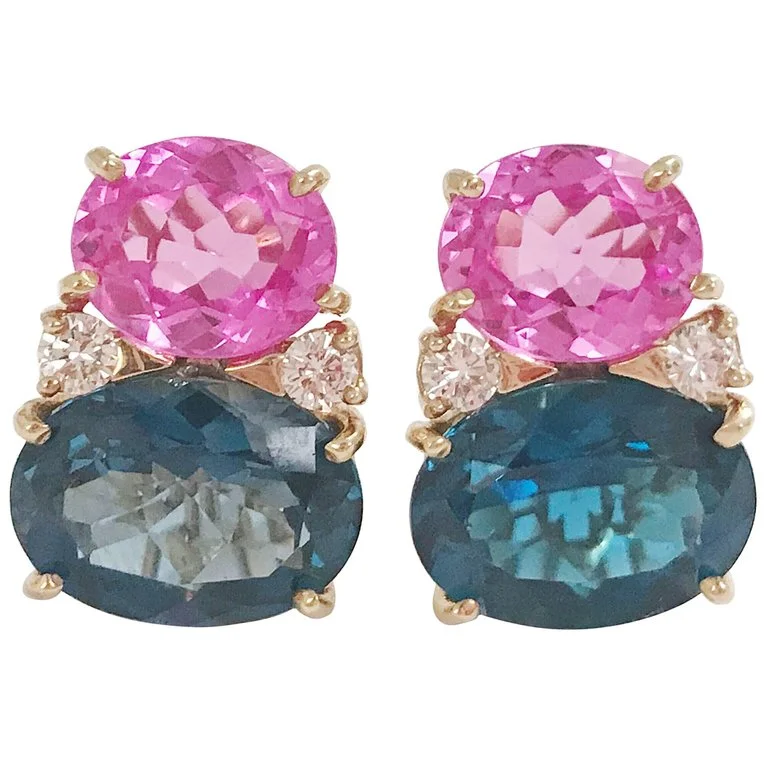 Smooth drop earrings-Large GUM DROP™ Earrings with Hot Pink and Deep Blue Topaz and Diamonds