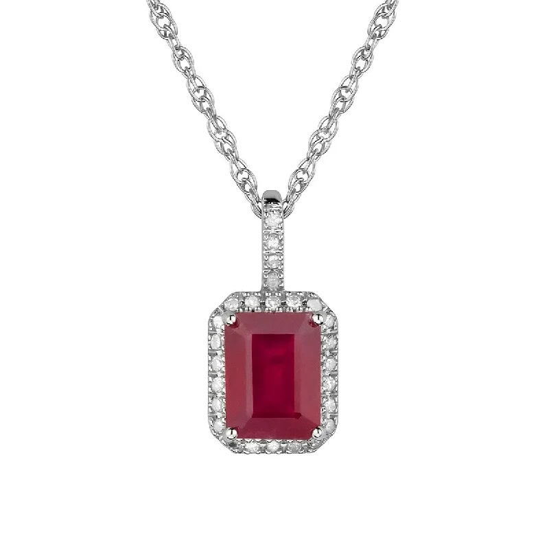 Stretch cord necklaces-Viducci 10k White Gold Genuine Emerald-Cut Ruby and Diamond Halo Necklace