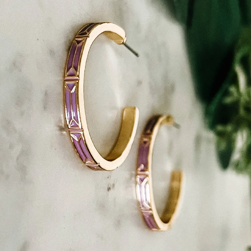 Pink gold earrings-Purple Enamel and Gold Hoop Earrings