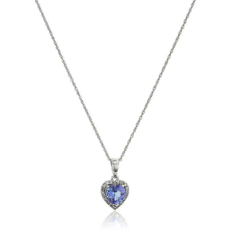 Polished bead necklaces-10k White Gold Tanzanite Heart and Diamond Pendant Necklace, 18"