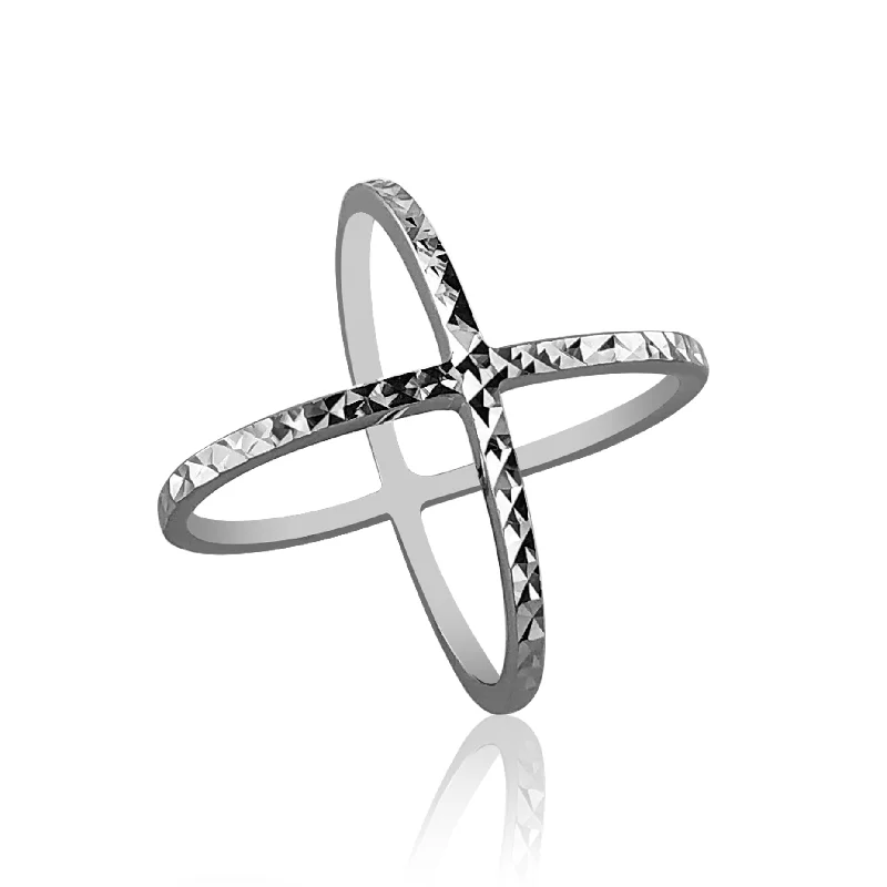 Dual-tone engagement rings-Sterling silver criss cross ring with dc design