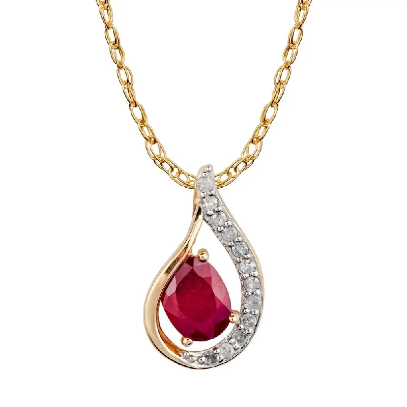 Stretch cord necklaces-Viducci 10k Yellow Gold Genuine Oval Ruby and Diamond Halo Drop Pendant Necklace