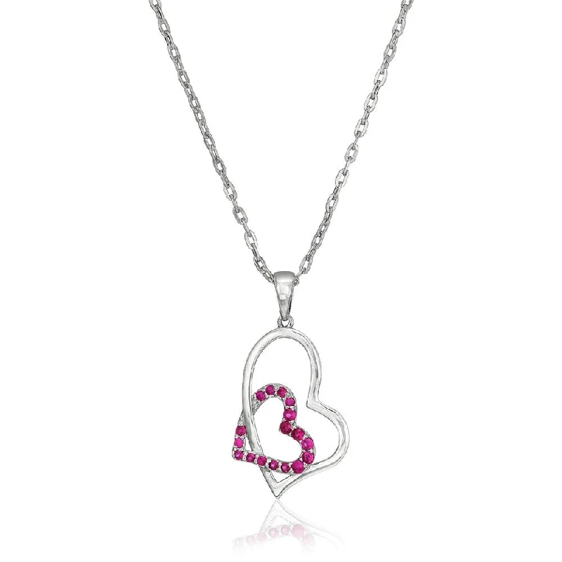 Spring clasp necklaces-Sterling Silver Burmese Ruby Double Heart Pendant Necklace, 18"