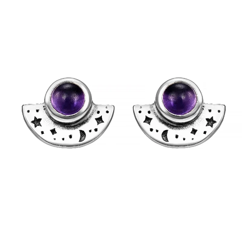 Half moon earrings-NIGHTFALL - Amethyst & Sterling Silver Studs