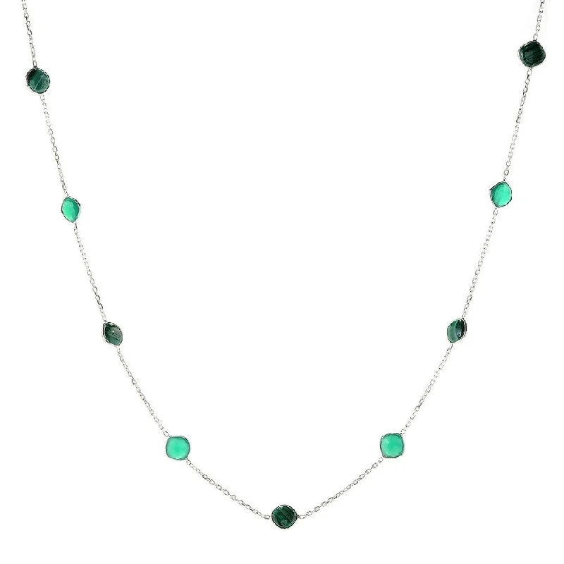 Agate gem necklaces-Sterling Silver 36" 10mm Cushion Shaped Malachite Station Necklace