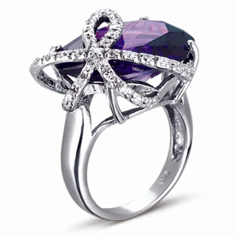 Deco design engagement rings-STERLING SILVER RING WITH AMETHYST and CZ STONES