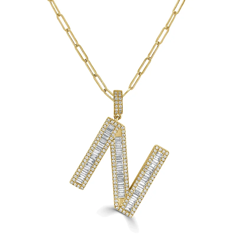 Textured disc necklaces-Joelle Diamond Baguette Large Initial Paperclip Link Necklace 14K Yellow Gold - N