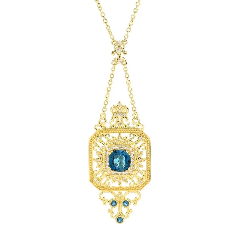 Carved monogram necklaces-London Blue Topaz & White Zircon Filigree Necklace 18" 5.72ctw