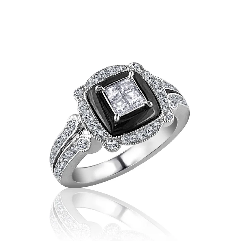 Cluster diamond engagement rings-18K White gold ring with diamonds and black onyx