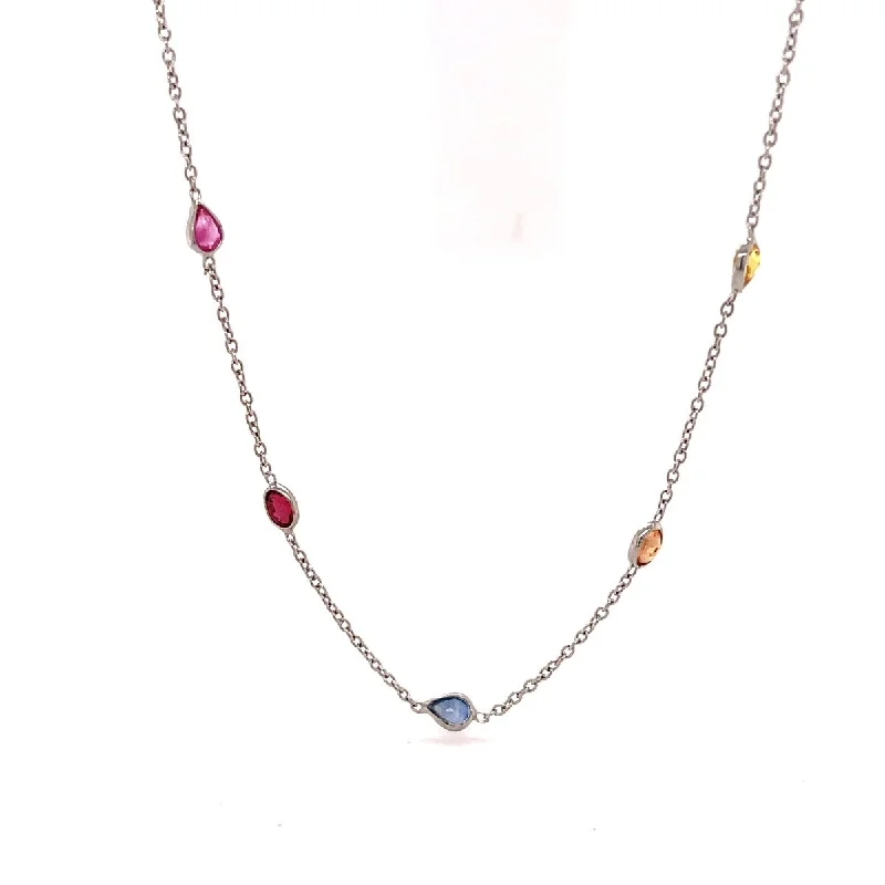 Smooth pendant necklaces-925 Sterling Silver Multi Sapphire Gemstone Station Necklace