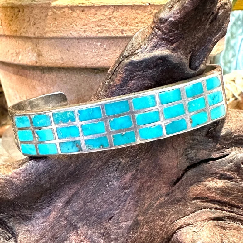 Silk wrap bangles-Vintage Zuni Sterling Silver Turquoise Window Pane Bracelet