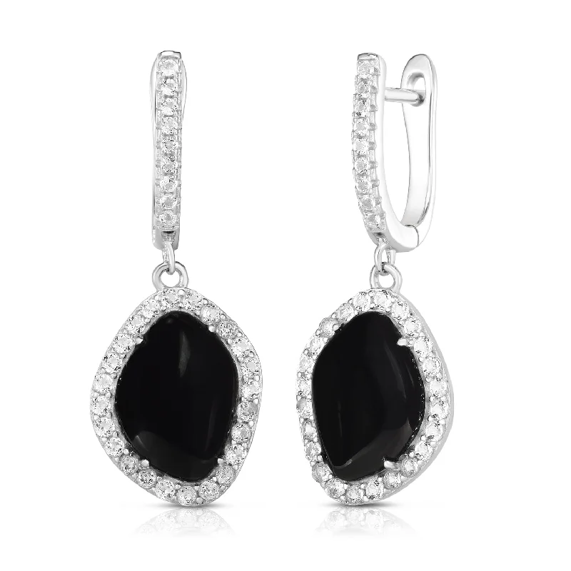 Silk fringe earrings-Black Onyx & White Sapphire Earrings