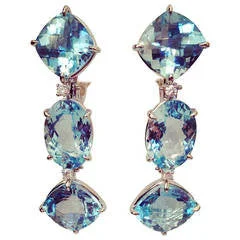 Light wood earrings-18kt White Gold Blue Topaz and Diamond Three Stone Cushion Drop Earring